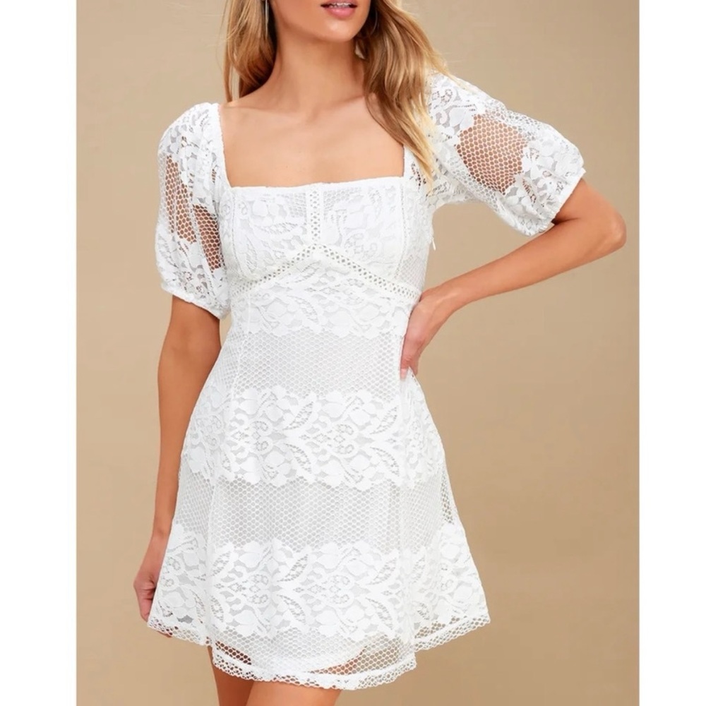 Free People Be Your Baby Lace Puff Sleeve Babydoll Mini Dress Boho White